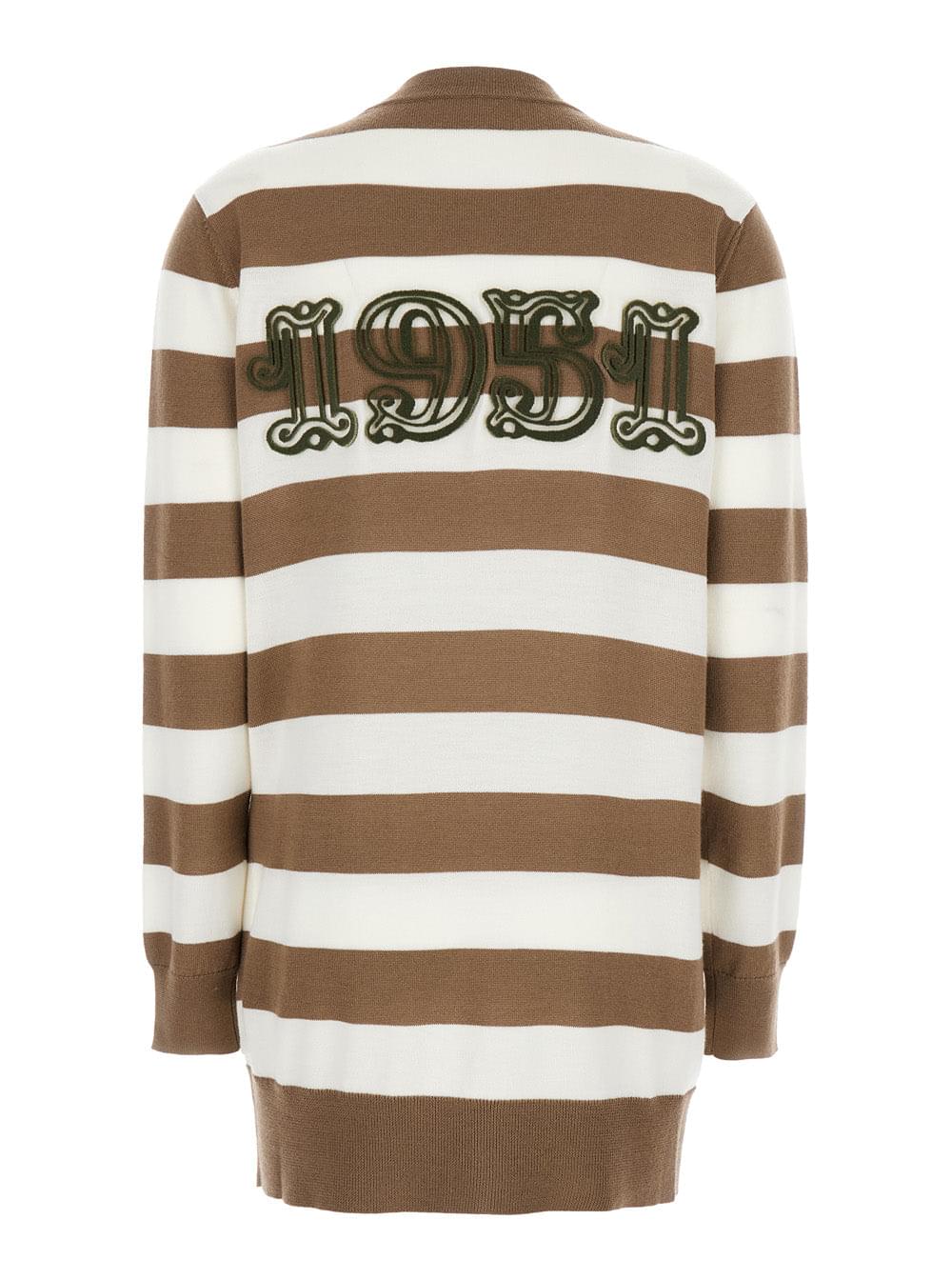Max Mara Women 'Fiemme'beige Cardigan With Rear Embroidery And All-Over Striped Motif In Wool Woman