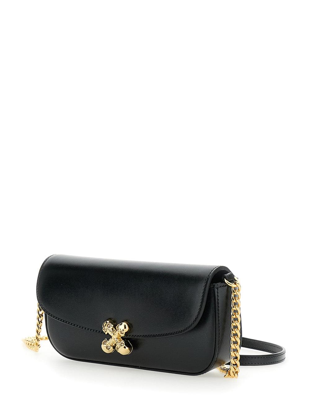 Alexander Mcqueen Women 'Skull Flower' Black Crossbody Bag With Chain-Link Shoulder Strap And Logo Plaque On The Front In Leather Woman