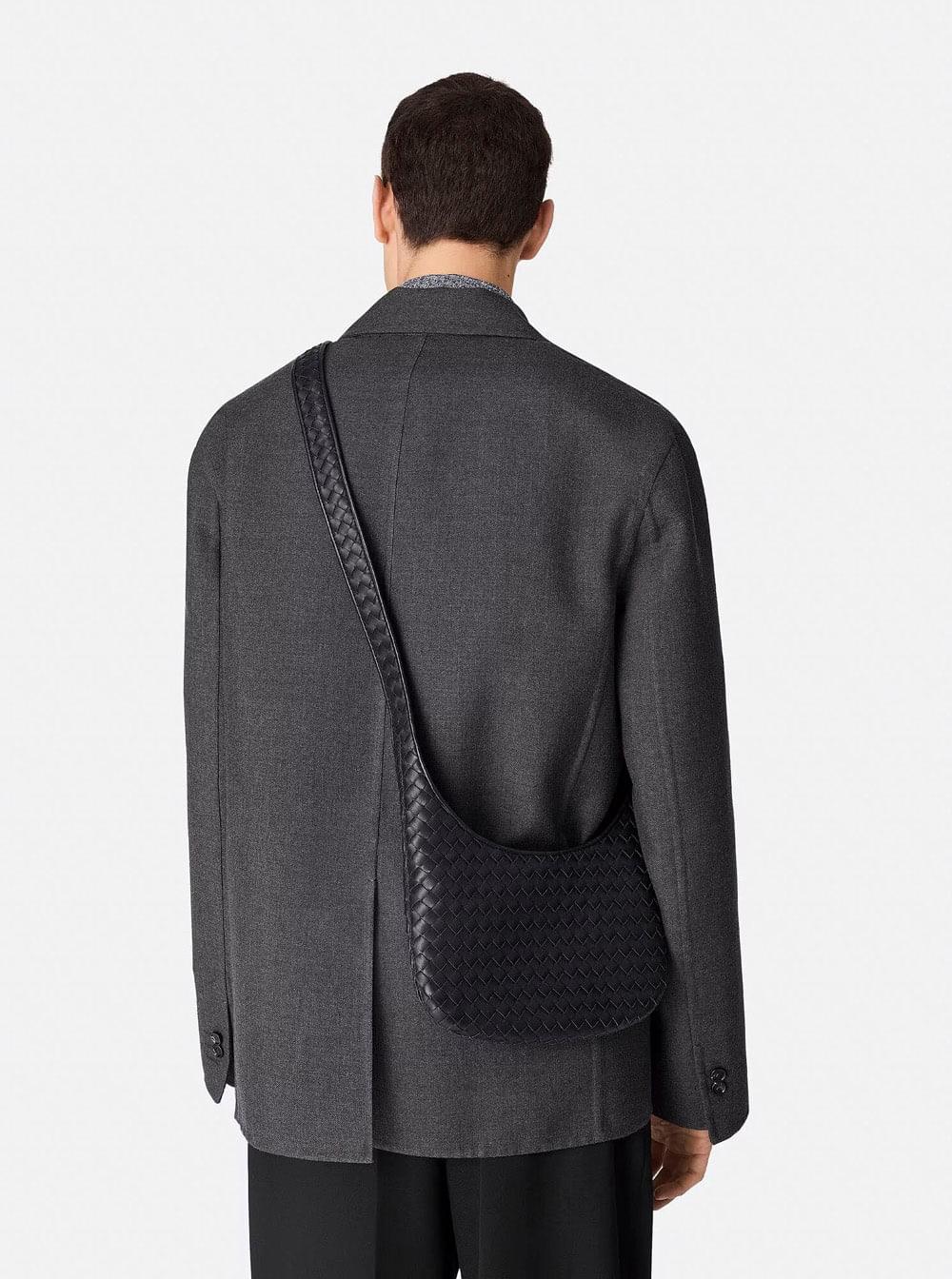 Bottega Veneta Men 'Veneto' Black Shoulder Bag With Fixed Shoulder Strap And All-Over Intrecciato Motif In Leather Man