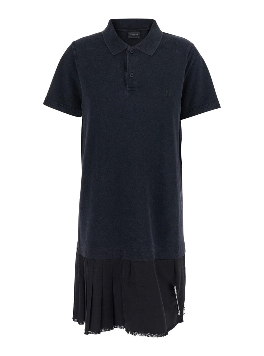 Balenciaga Women Black Layered Dress With Polo Shirt Style Collar And Safety Pin Detail In Cotton Woman