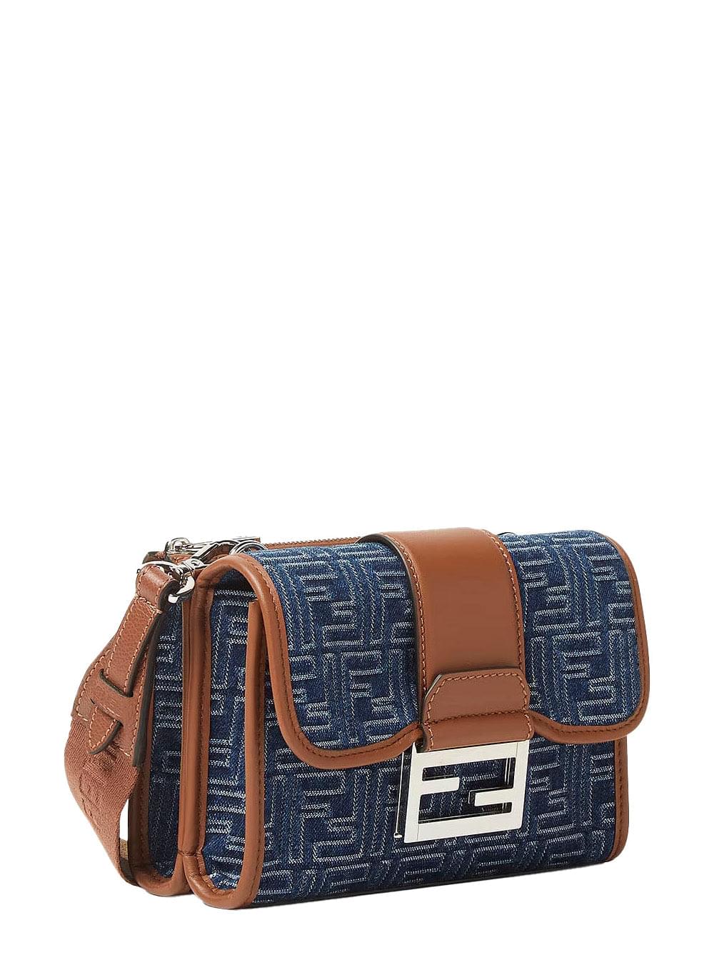 Fendi Men 'Baguette Double' Blue Crossbody Bag With Magnetic Ff Closure And All-Over Motif In Blue Cotton Man