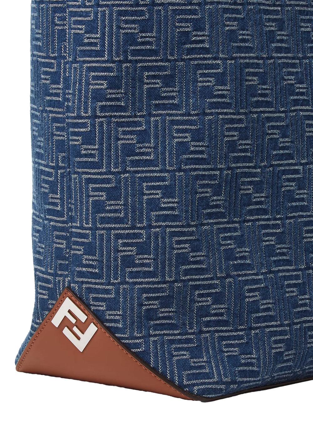 Fendi Men Blue Shopper With Long Handles And All Over Ff Motif In Cotton Man