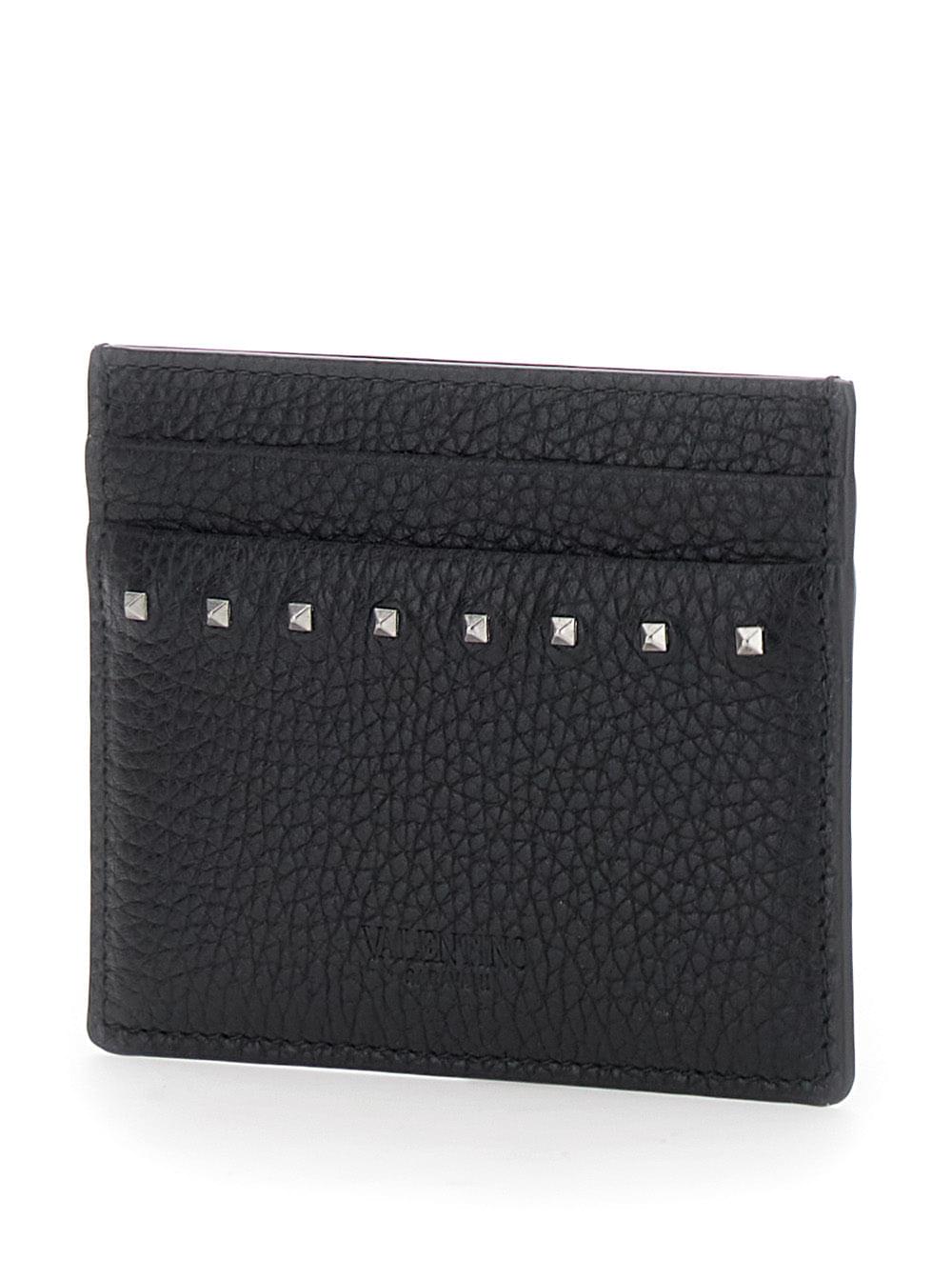 Valentino Garavani Men Black Card Holder With Rockstud Embellishments In Leather Man