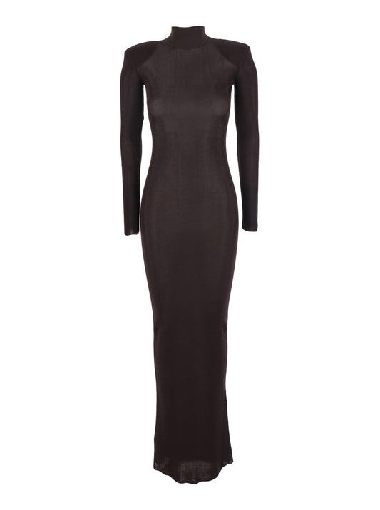 Self-Portrait Women Brown Turtleneck Long Dress With Shoulder Pads In Viscose Woman
