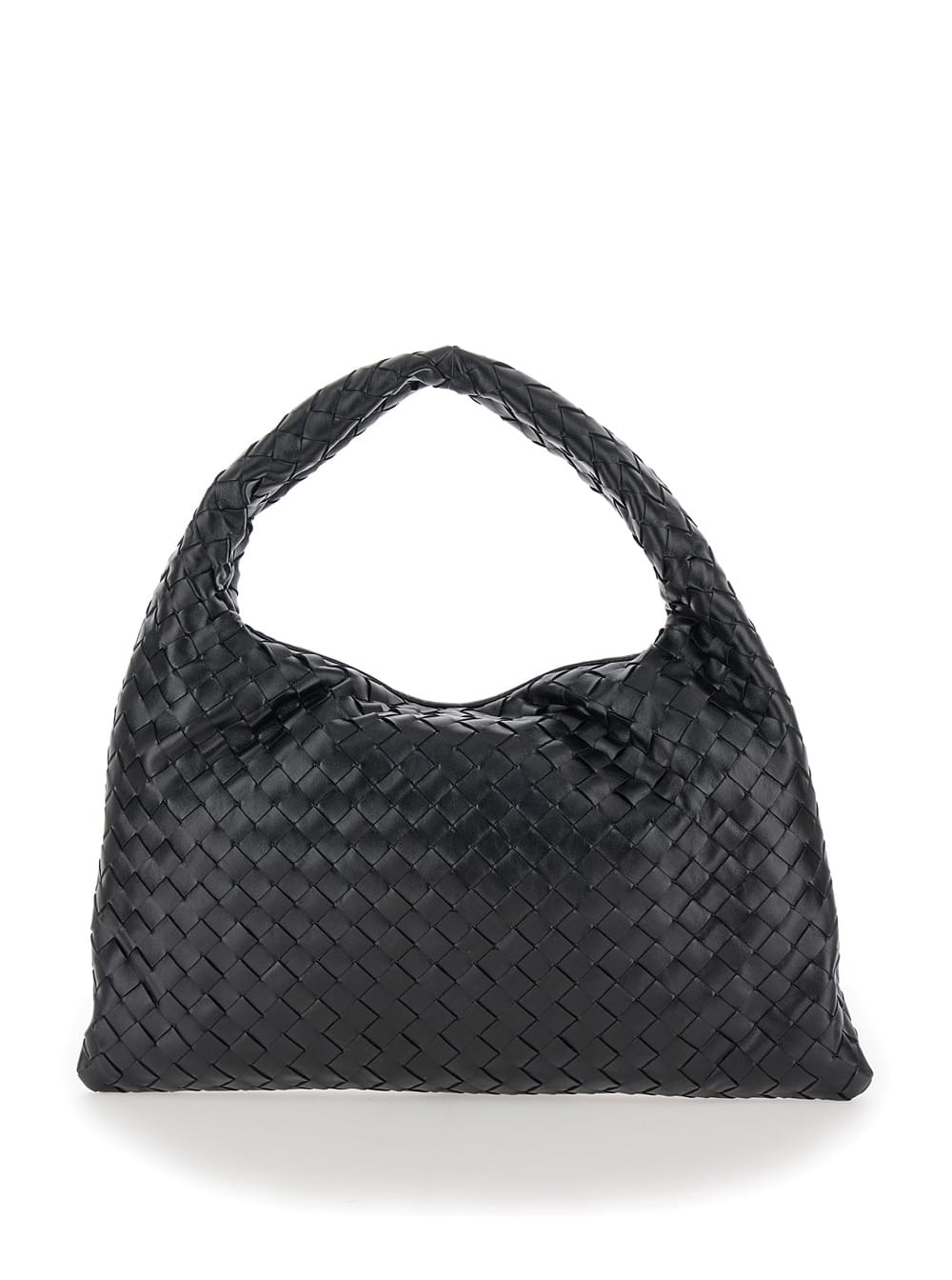 Elevate your style with the Bottega Veneta Hop Piccola shoulder bag, featuring the brand's signature black intreccio woven leather, a gold-tone hardware accent, and a sleek, slouchy silhouette set against a clean white background.