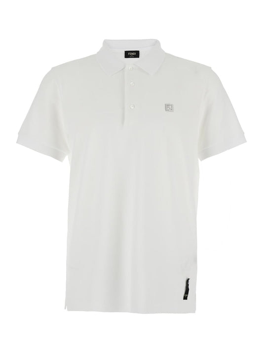 Fendi Men White Polo With Classic Collar And Metal Ff Plate On The Front For Men