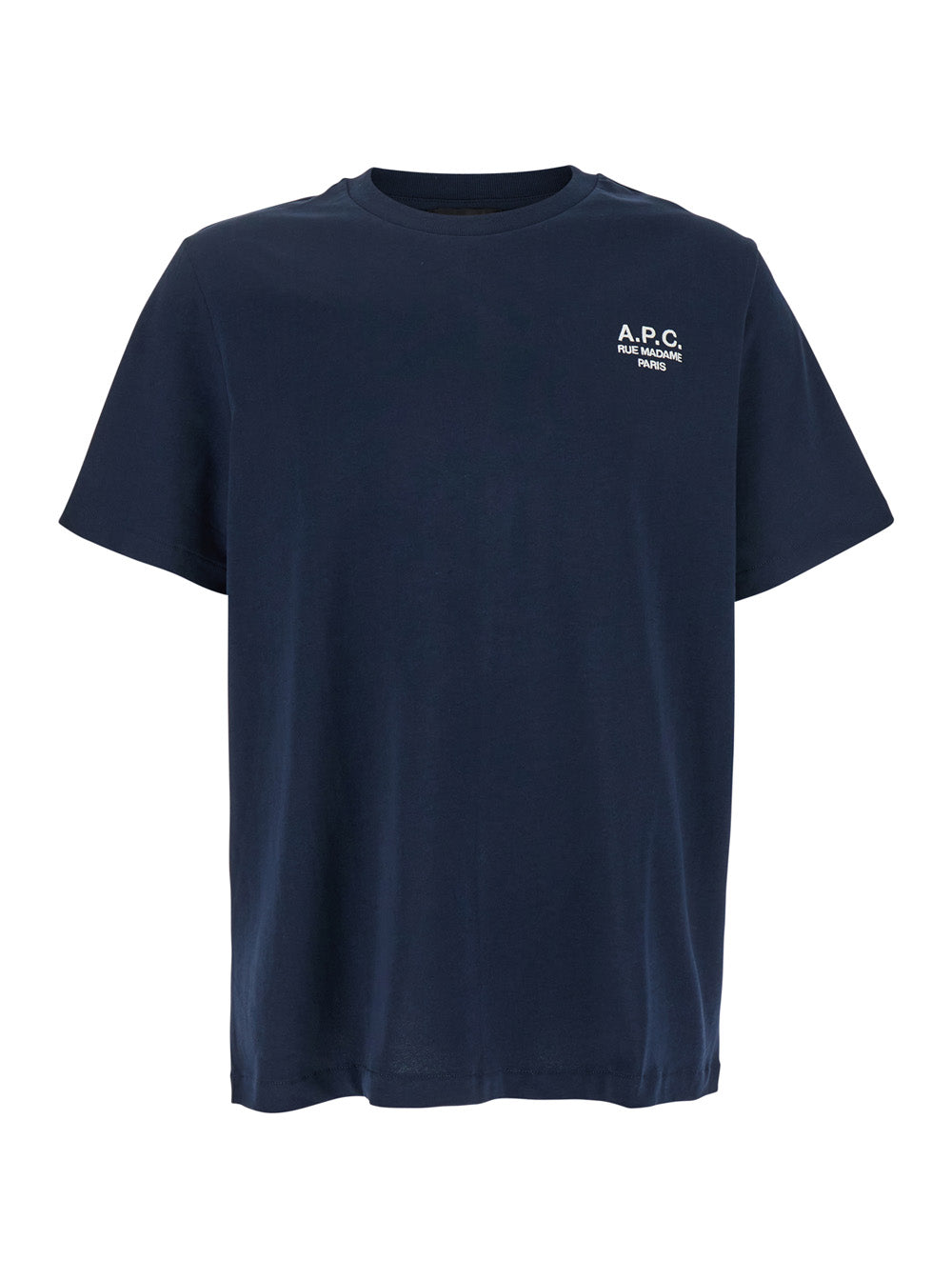 A.P.C. men's blue crew neck cotton t-shirt featuring a subtle embroidered logo on the chest, displayed against a clean white background.