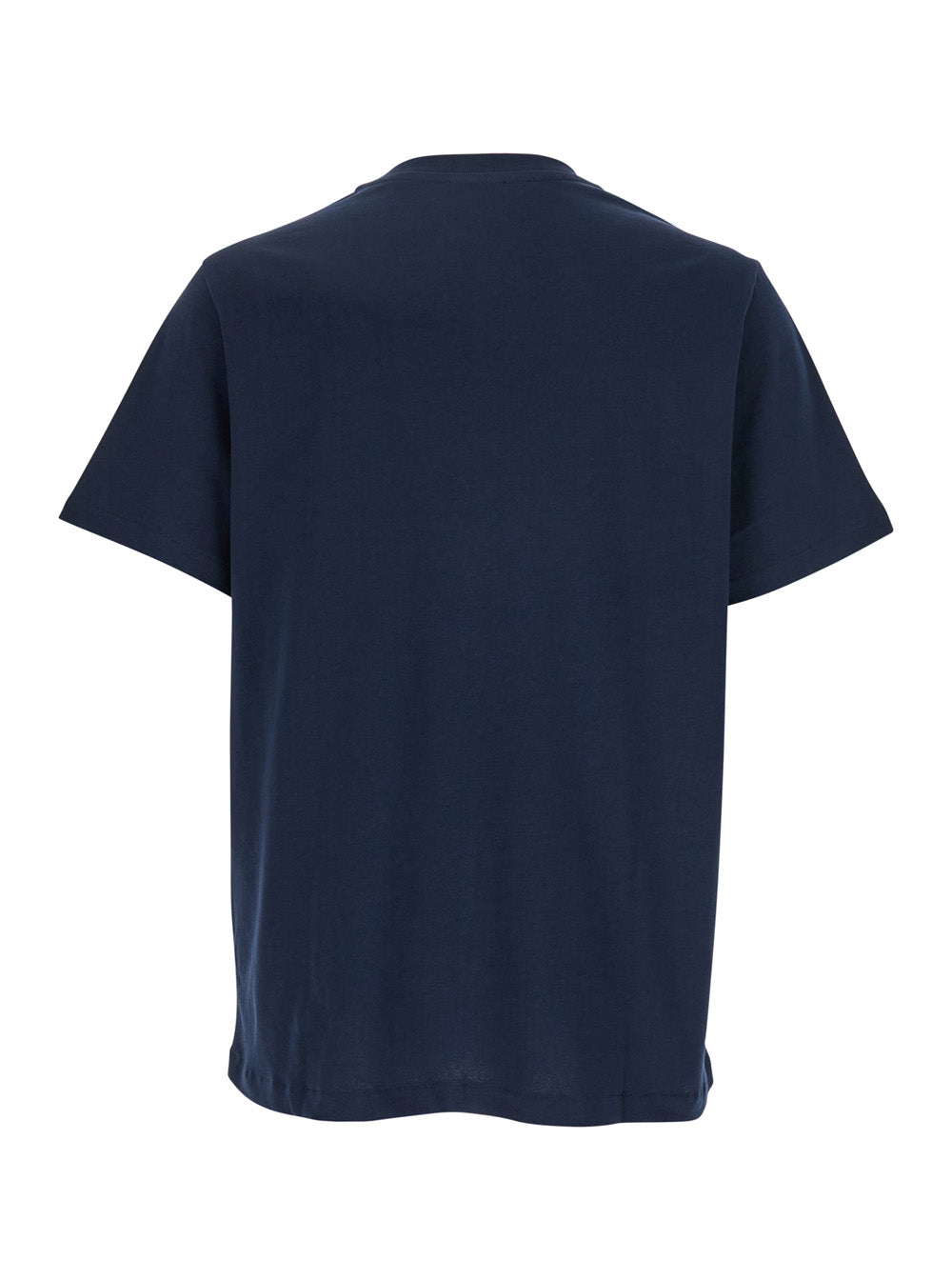 Navy blue A.P.C. men's crew neck t-shirt featuring an embroidered logo on the chest, displayed on a clean white background.