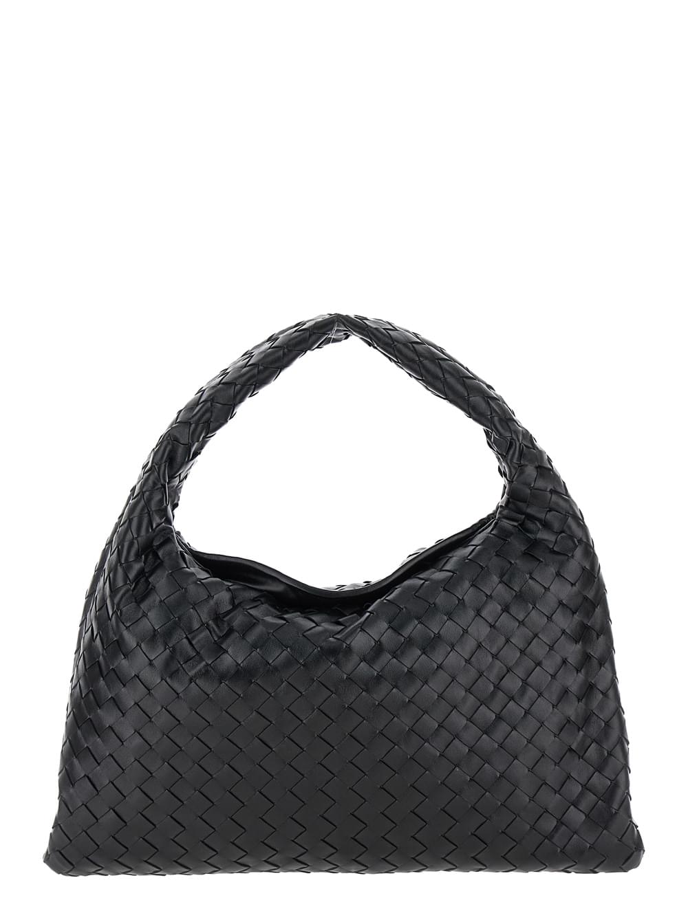 Bottega Veneta Hop Piccola shoulder bag in black leather featuring the signature intreccio woven motif, captured against a clean white background.