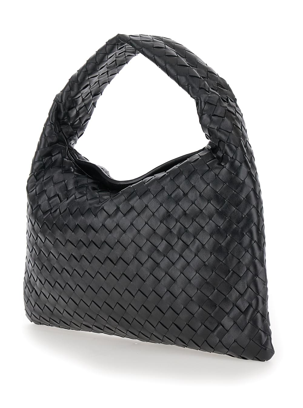 Bottega Veneta Hop Piccola shoulder bag in black Intreccio leather, featuring a fixed top handle, gold-tone hardware, and a minimalist silhouette, shot against a clean white background.