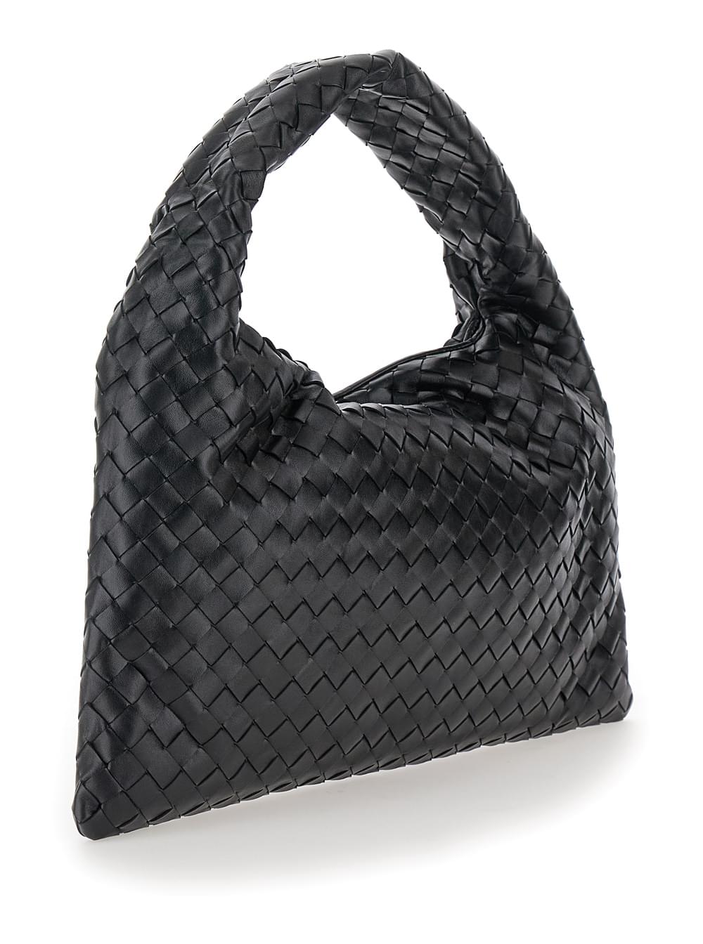 Bottega Veneta Hop Piccola shoulder bag in black Intreccio leather with gold-tone hardware, shown against a white background.