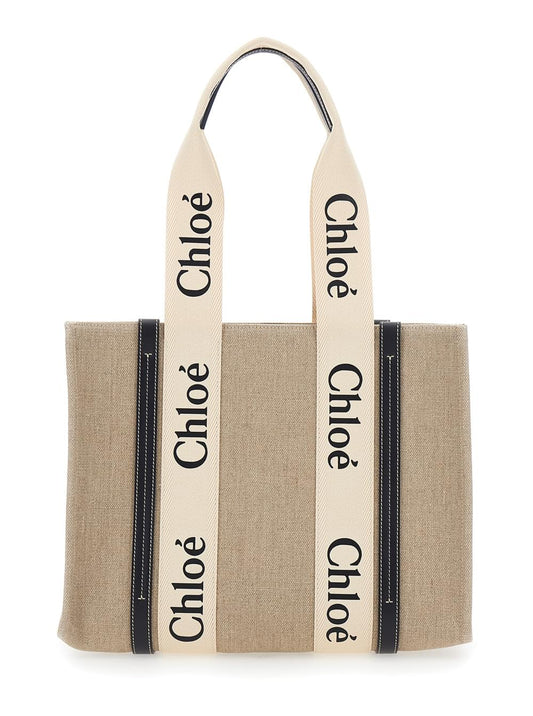 Chloé Women Handbag 'Medium Woody' With Logo Lettering On The Front In Beige Linen For Women