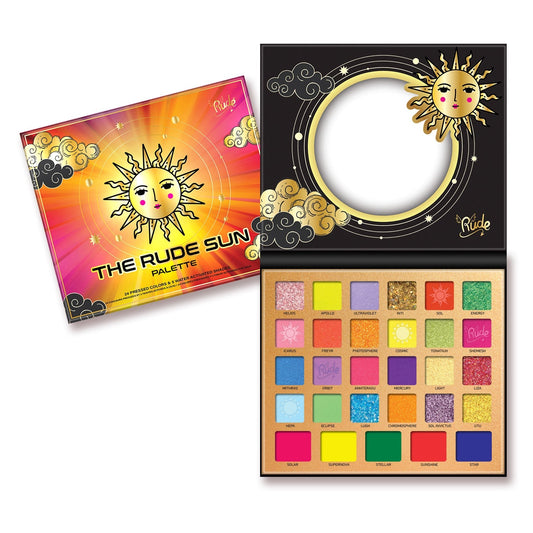 Makeup eyeshadow palette with 'The Rude Sun' packaging on a white background