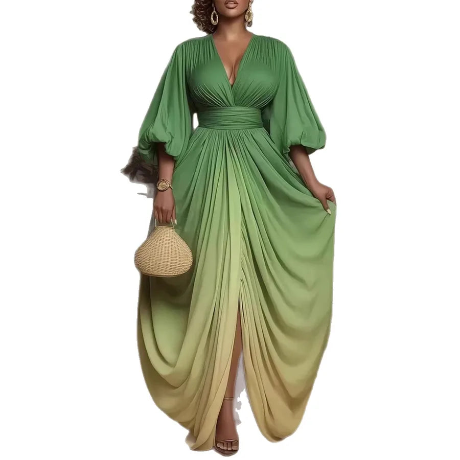 Woman wearing a green and yellow gradient dress with a white background