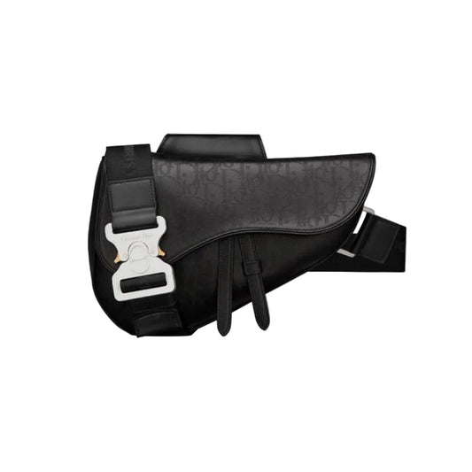 Black saddle bag with a buckle on a white background