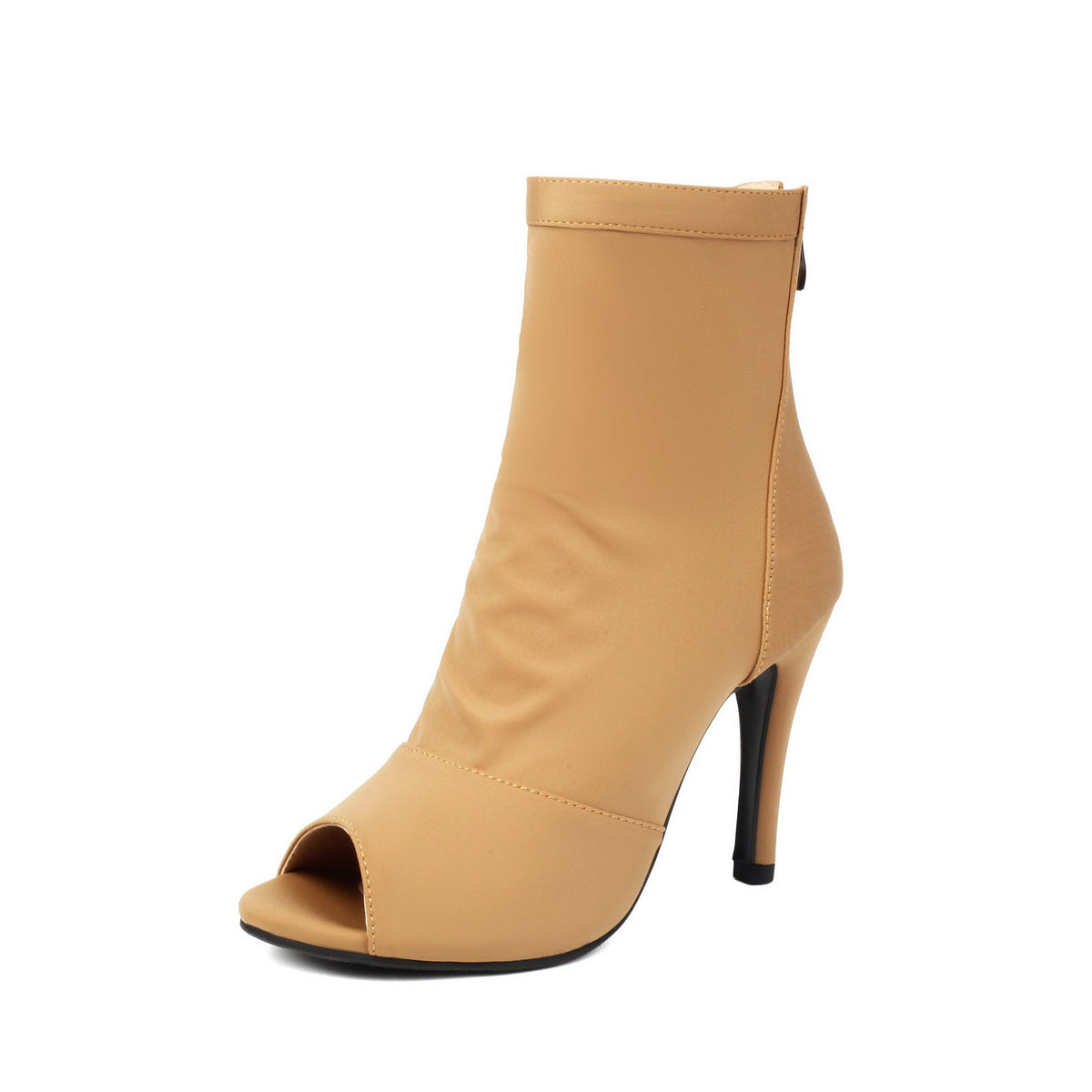 Tan ankle boot with a high heel on a white background