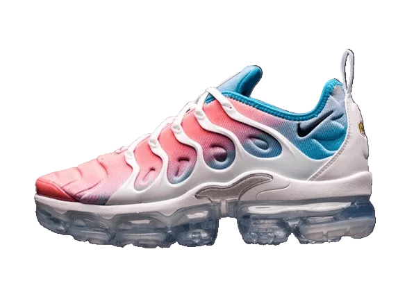 Multicolored Nike sneaker with pink, blue, and white design on a transparent background
