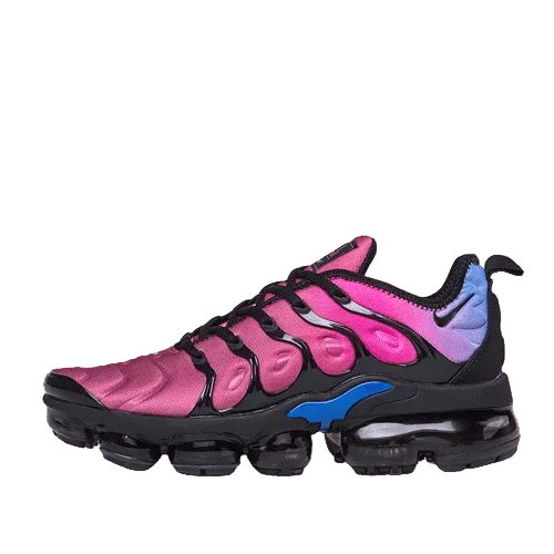 Pink and black Nike sneaker with blue accents on a transparent background