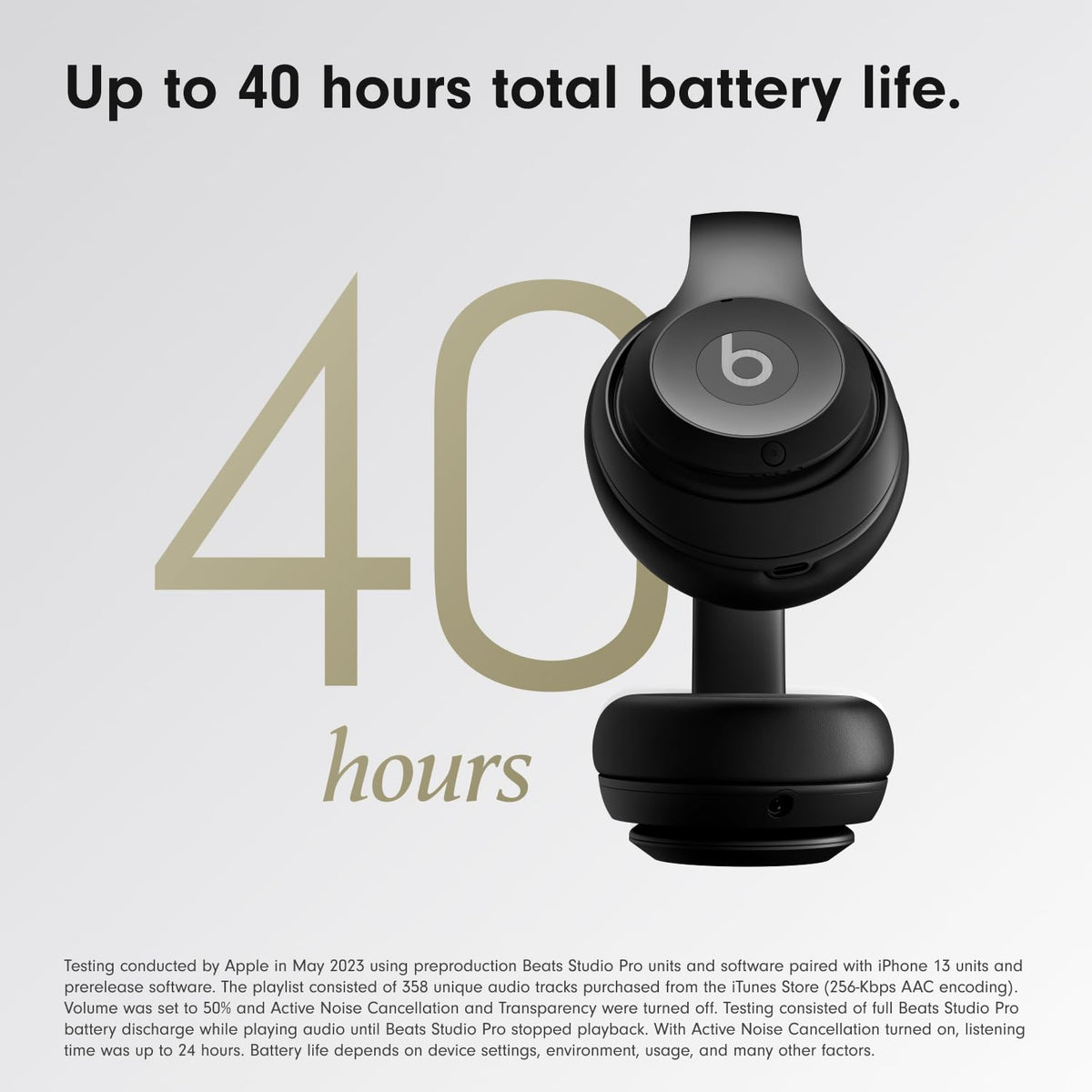 Black Beats headphones with '40 hours' text on a light gray background. Beats Studio Pro Premium Wireless Over-Ear Headphones- Up to 40-Hour Battery Life, Active Noise Cancelling, Great for Travel & Commuting, USB-C Lossless Audio, Apple & Android Compatible -Black (Refurbished)