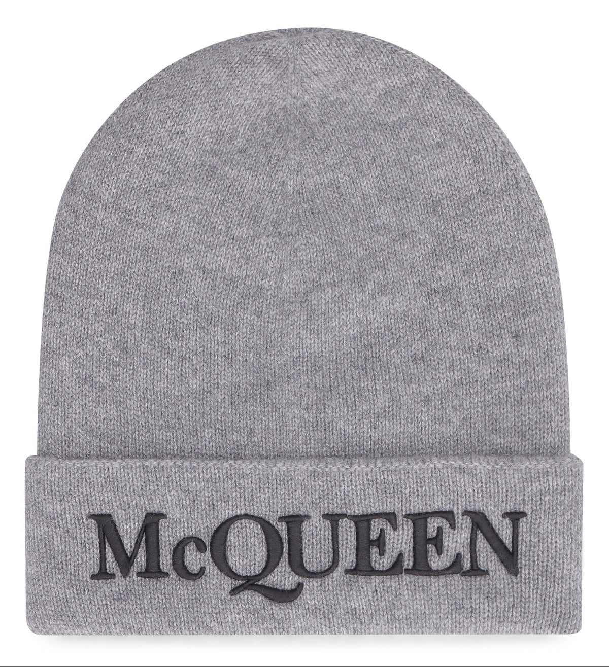 Gray beanie with 'McQueen' logo on a white background