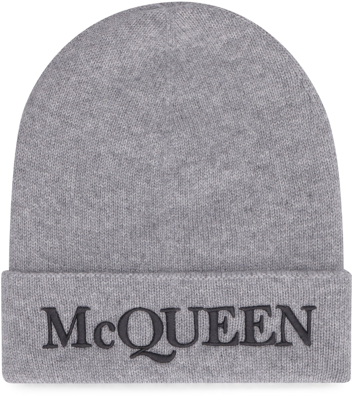 Gray beanie with 'McQUEEN' embroidery on a white background
