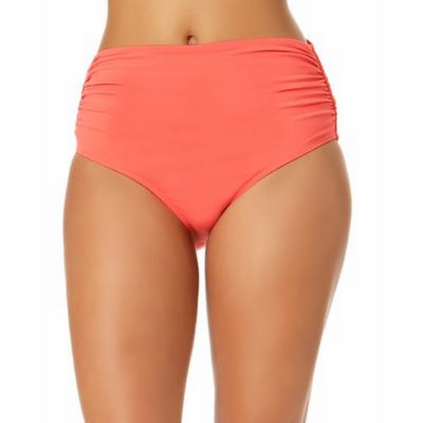 Coral high-waisted bikini bottom on a white background