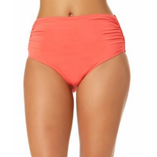 Coral high-waisted bikini bottom on a white background