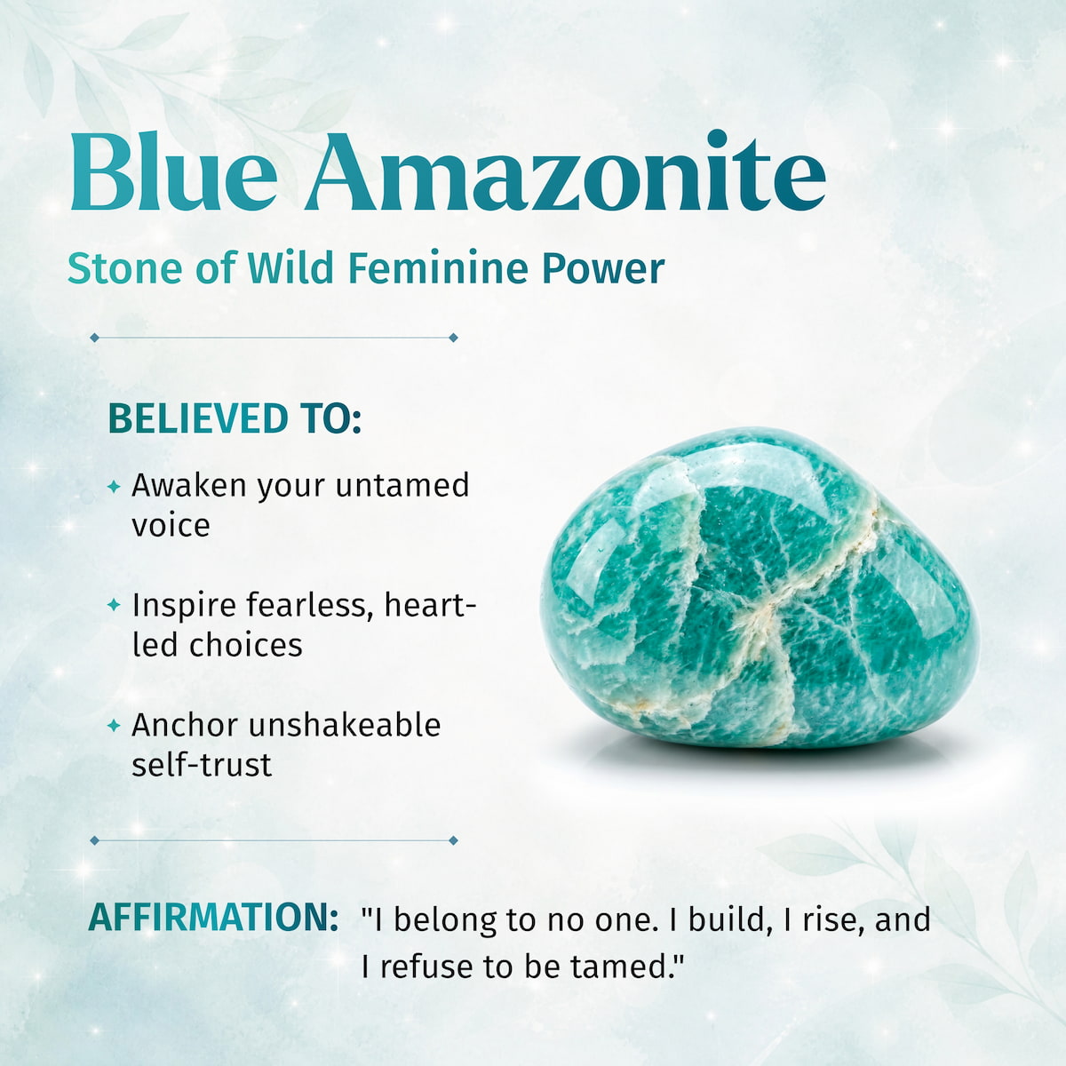 Blue Amazonite stone with properties and affirmation on a light blue  background Empire of Her Own – Premium Blue Amazonite Bracelet