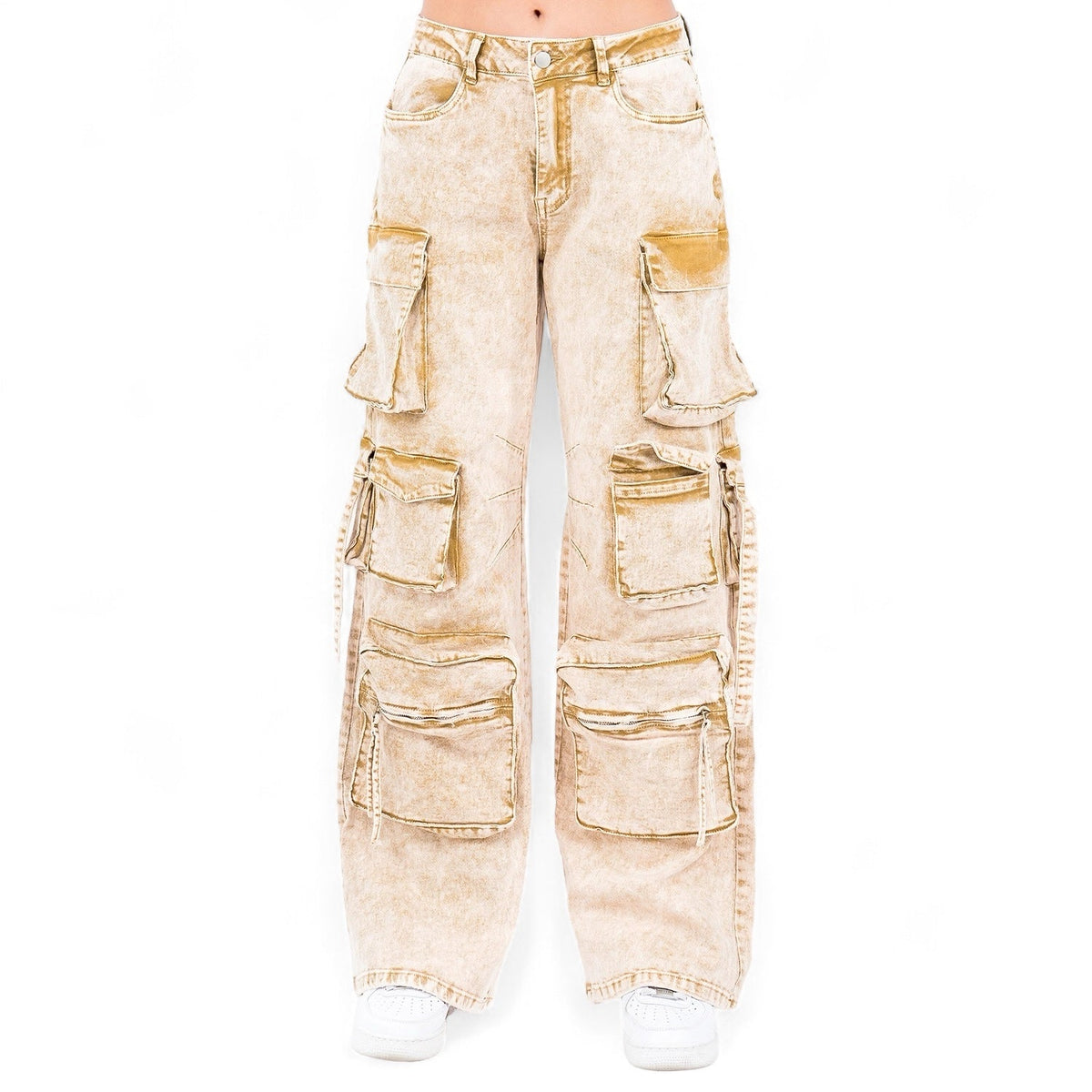 Beige acid-wash cargo pants on a white background