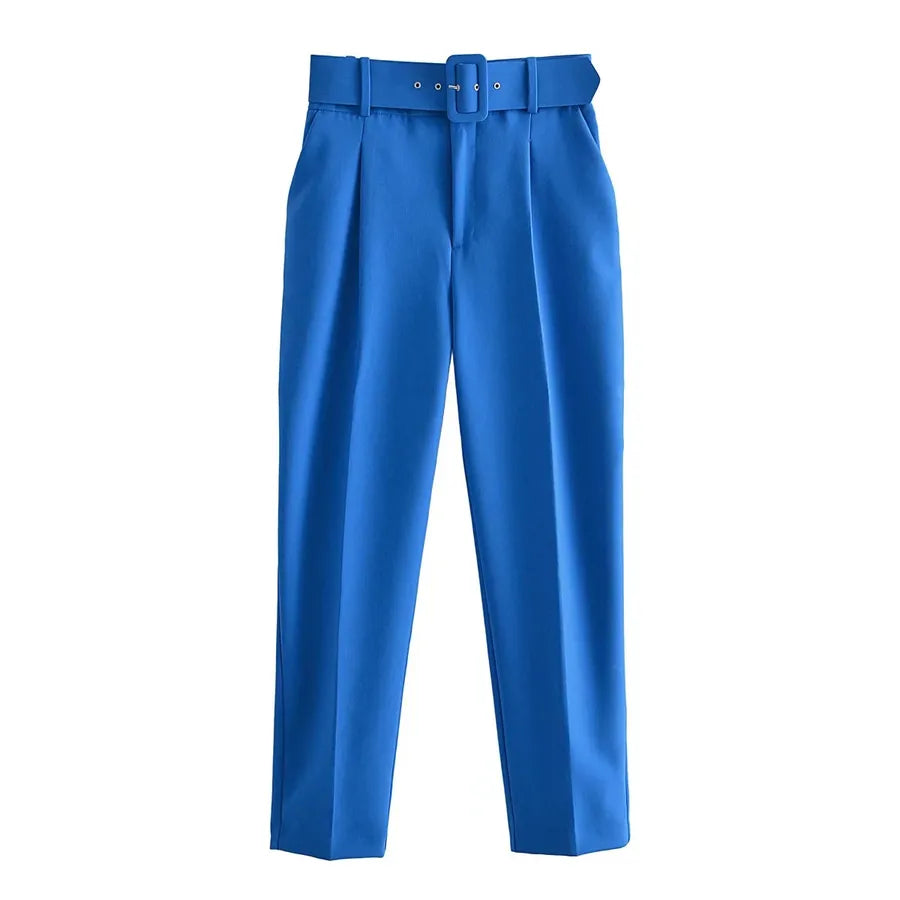Blue pants with a belt on a white background high waisted pants women, pleated trousers women, ankle length pants, slim fit trousers, business casual pants, work pants women, office trousers, women's dress pants, casual chic outfit, tailored pants women, everyday trousers, spring fashion women, autumn pants women, elegant trousers, commuter style fashion, women's workwear, high rise pants, fashion trousers women, travel pants women, versatile wardrobe essentials