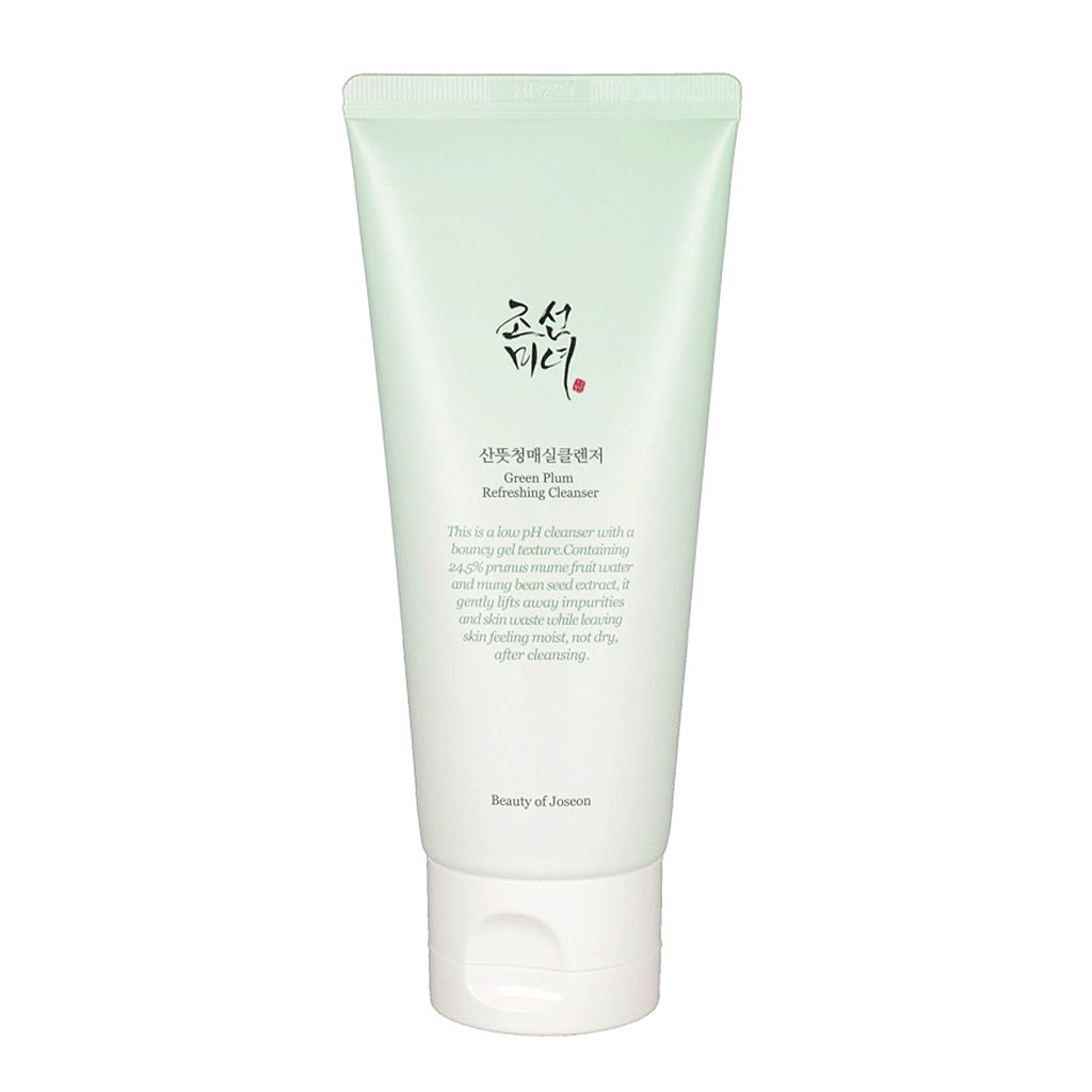 Beauty of Joseon Green Plum Refreshing Cleanser in a sleek, minimalist mint green tube. This gentle, hydrating, and slightly acidic face cleanser features a hydrating gel formula perfect for maintaining a healthy skin barrier. Ideal for all skin types looking for a fresh, soothing, and effective daily Korean skincare routine.