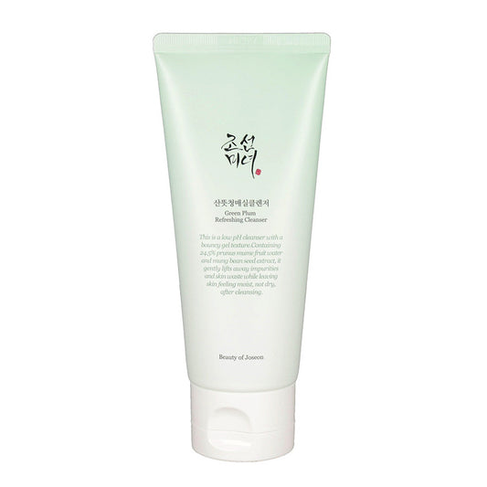 Beauty of Joseon Green Plum Refreshing Cleanser in a sleek, minimalist mint green tube. This gentle, hydrating, and slightly acidic face cleanser features a hydrating gel formula perfect for maintaining a healthy skin barrier. Ideal for all skin types looking for a fresh, soothing, and effective daily Korean skincare routine.