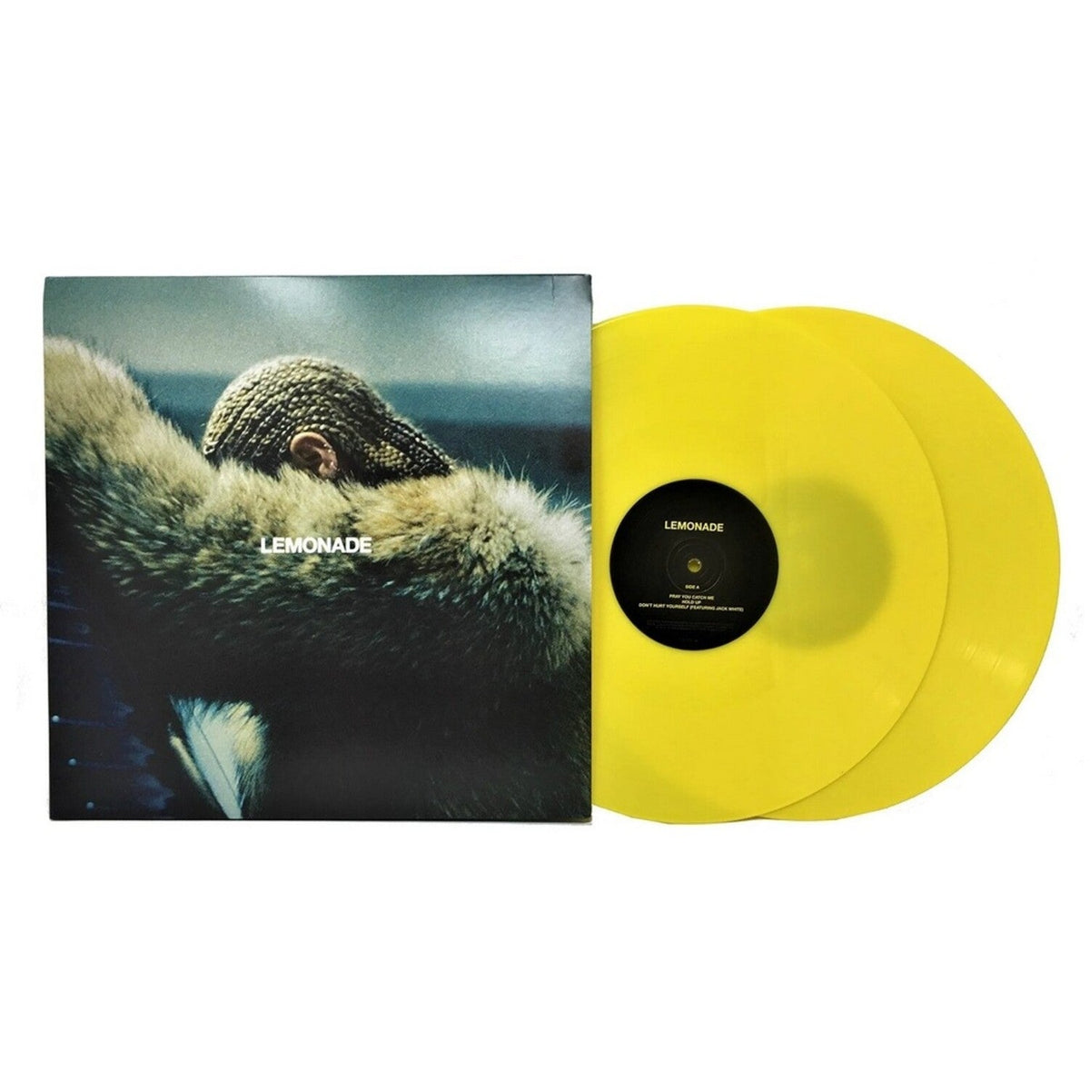 Create a descriptive and conversion-focused alt text for this product image:

Beyoncé's Lemonade limited edition 180g yellow vinyl record set featuring the iconic illustrated cover art and two translucent yellow LPs, presented on a clean white background. Perfect for music collectors and Beyoncé fans.