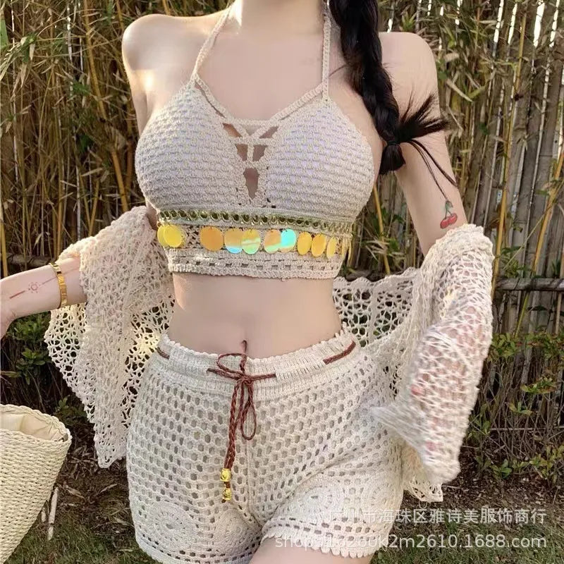 Person wearing a crochet outfit with a textured background