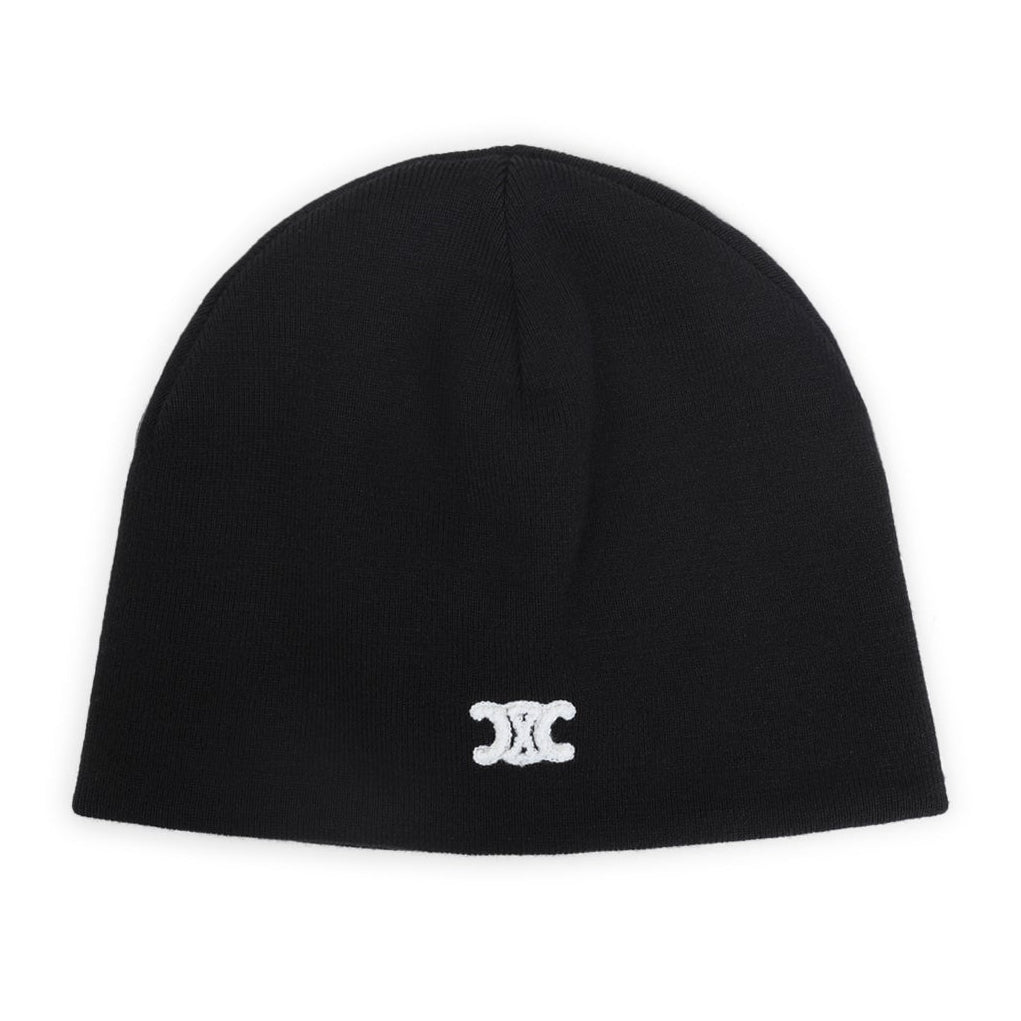 Black CELINE Wool Triomphe Hat beanie with a logo on a light gray background