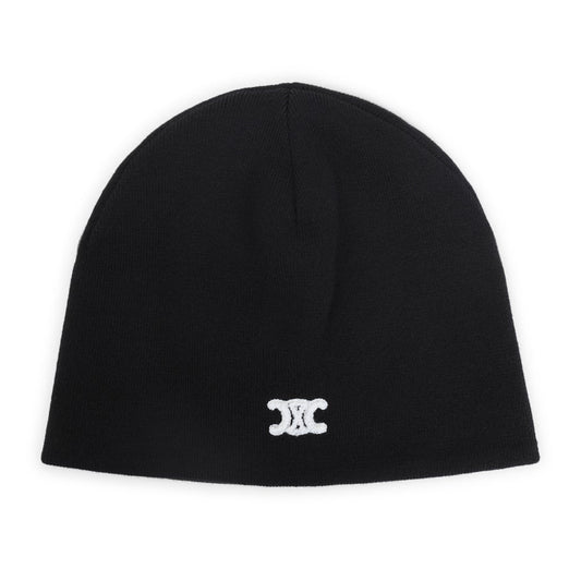 Black CELINE Wool Triomphe Hat beanie with a logo on a light gray background