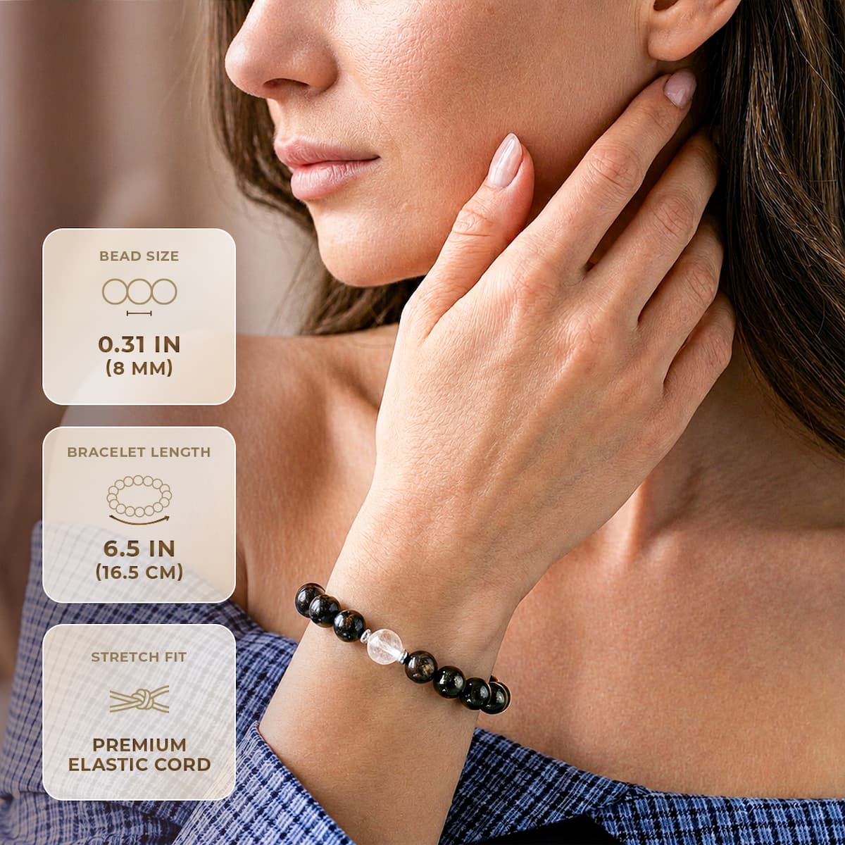 A woman wearing a beaded bracelet, with three informational panels showing bead size 0.31 in (8 mm), bracelet length 6. The Hypersthene Millionaire Manifestation Bracelet - Rare Egyptian Wealth Stone