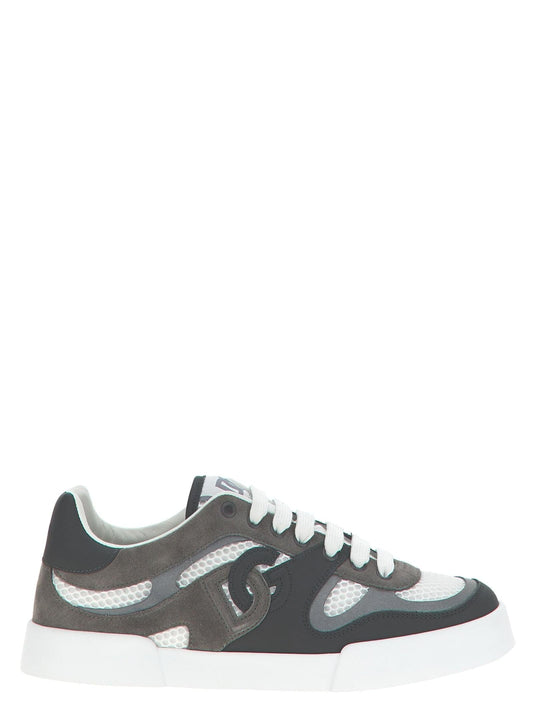 Professional studio shot of the Dolce & Gabbana Men's 'Strobel Portofino Light' sneaker in gray and white, featuring premium leather, suede, and mesh paneling with a lace-up closure against a clean white background.