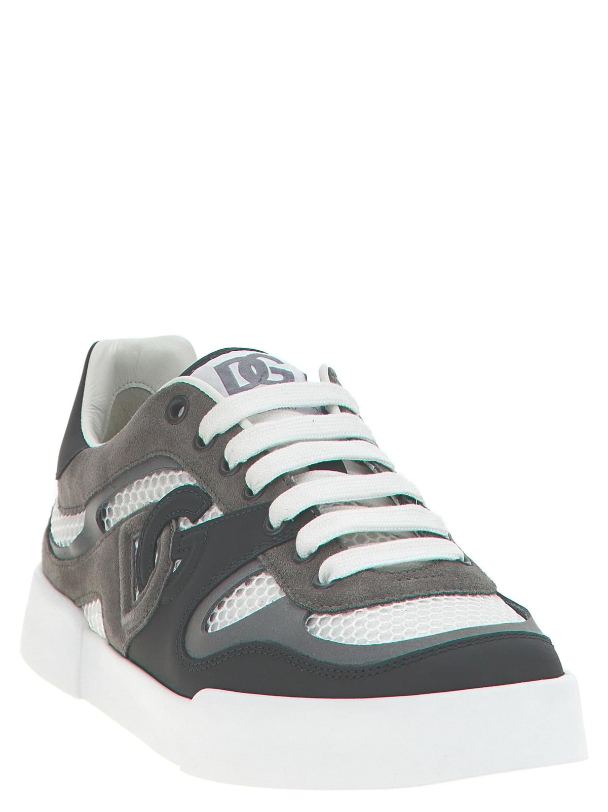 Professional studio shot of Dolce & Gabbana 'Strobel Portofino Light' men's sneakers in gray and white, featuring a premium leather, suede, and mesh construction with a prominent side logo and durable rubber sole, captured from a side profile on a clean white background.