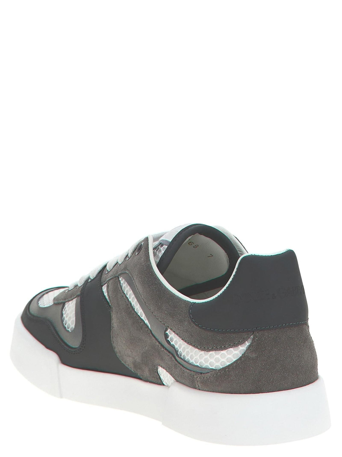 Elevate your style with these Dolce & Gabbana Strobel Portofino Light sneakers, featuring a sophisticated blend of gray leather, suede, and mesh, a bold side logo, and a comfortable flat rubber sole.
