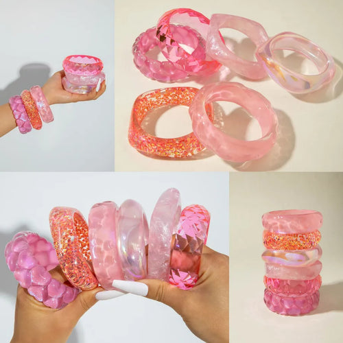 Collage of pink and clear resin bracelets on a white background