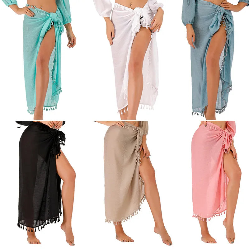 Collection of women wearing colorful sarongs on a white background