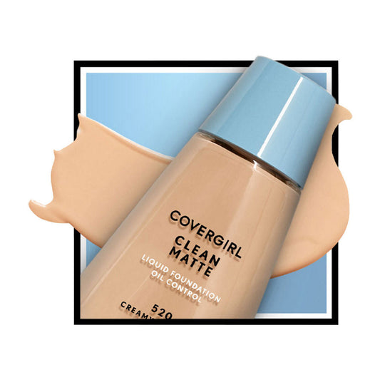 Covergirl Clean Matte Liquid Foundation Oil Control in shade 520 Creamy, shown in a frosted bottle with a light blue cap, overlaid on a beige foundation swatch against a light blue and white graphic background.