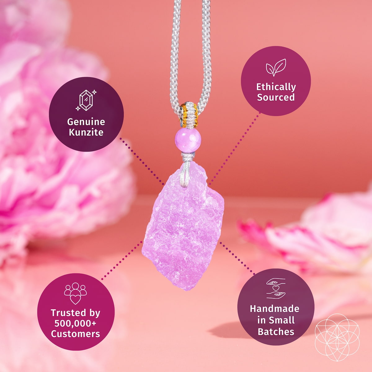 A pink raw kunzite crystal pendant necklace on a silver chain, displayed against a soft pink floral background with four circular callout badges highlighting product features. Rarer Than Diamonds - The Pink Kunzite Pendant