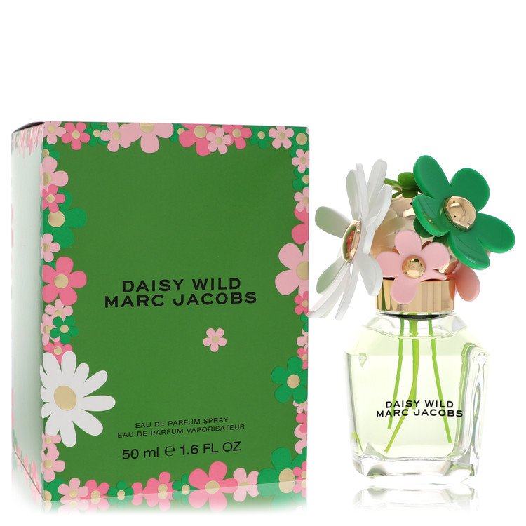 Marc Jacobs Daisy Wild Eau de Parfum spray 1.7 oz bottle with floral cap on a clean white background, luxury women's fragrance product photography.
