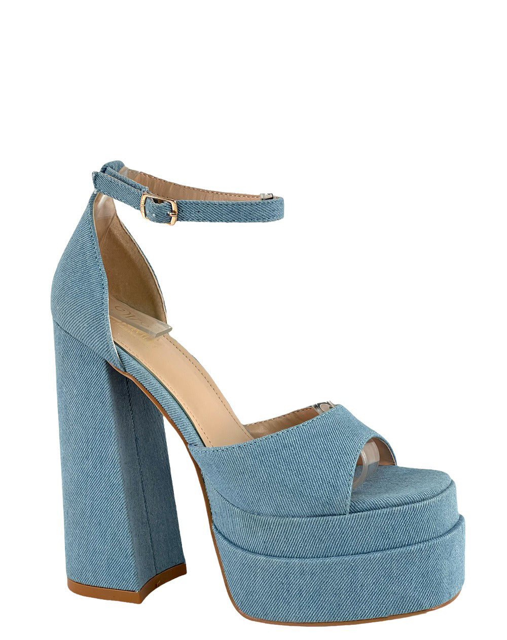 Blue denim platform sandal on a white background