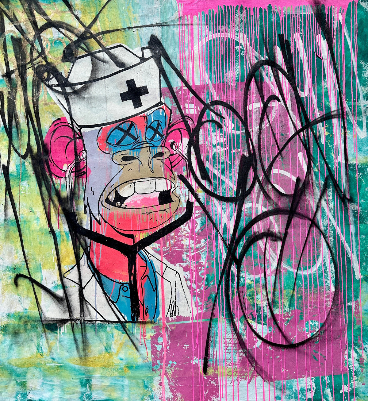 Abstract painting titled Doctor Ape by Denis OUCH, featuring a vibrant, colorful character wearing a nurse’s hat in a bold silk screen and spray paint style on a large 65-inch square canvas.
