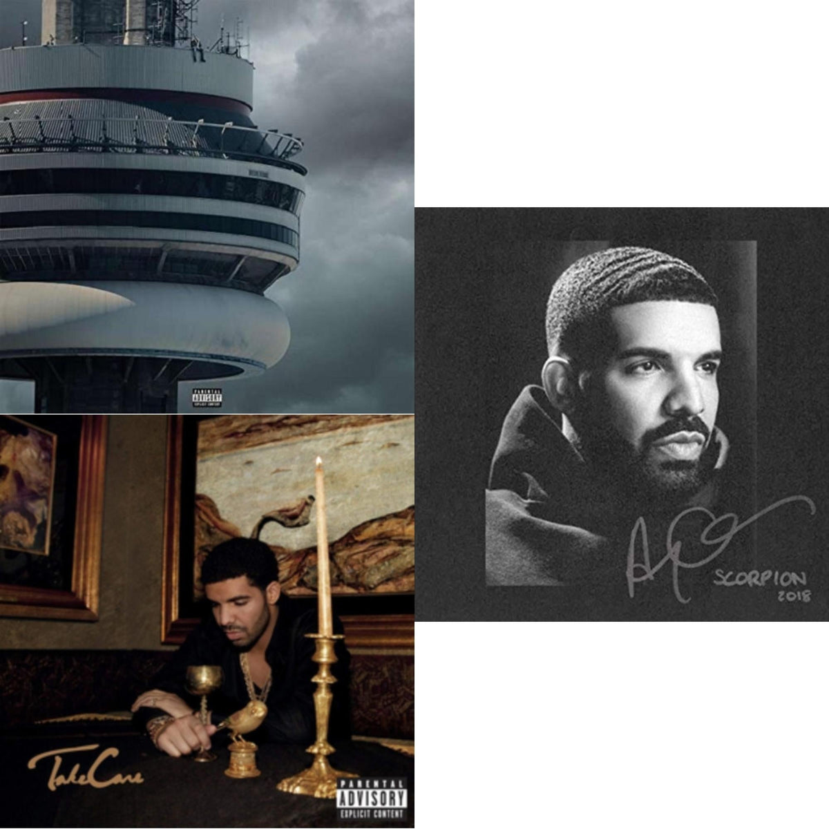 Create a descriptive alt text for this product image: A high-quality bundle of Drake vinyl records including the albums Take Care (Explicit), Views (Explicit), and the 2-LP edition of Scorpion, displayed as a music collector's set.