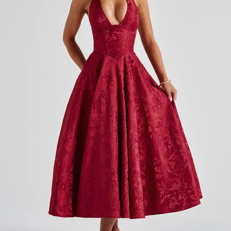 Red dress with a textured pattern on a white background