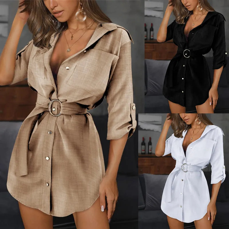 Three different color options of a button-up dress with a belt.